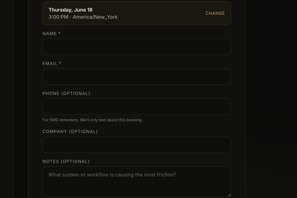 Booking scheduler with the selected day and time shown above the name, email, phone, company, and notes fields